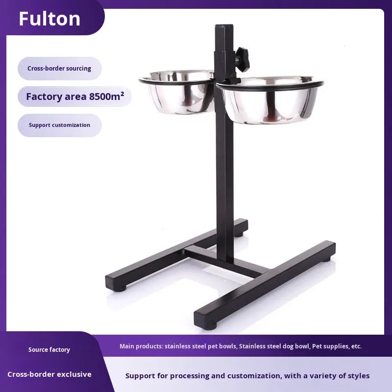 Dog eating and drinking from adjustable food and water bowl stand