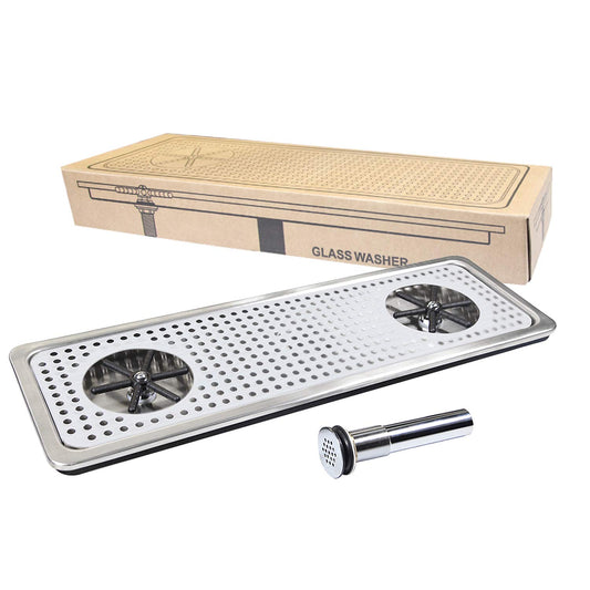 Double-head stainless steel glass rinser tray in its packaging, designed for high-traffic bars and coffee stations.