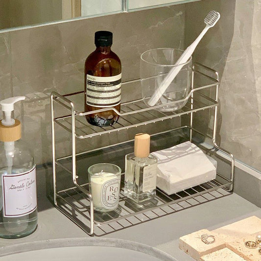 Stainless steel double-layer storage rack for dinnerware and bathroom toiletries