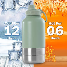 Dog drinking from 32oz portable travel water bottle with built-in bowl