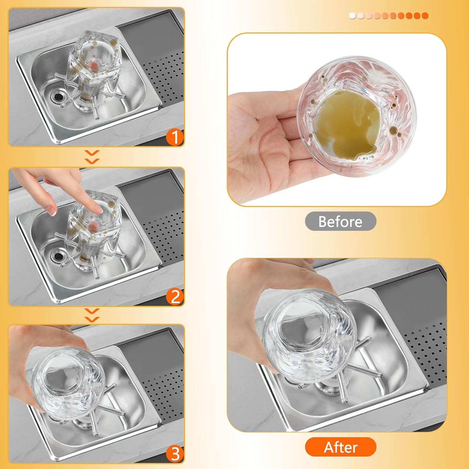 No-drill installation of portable cup rinser on flat surface with simple water connection.