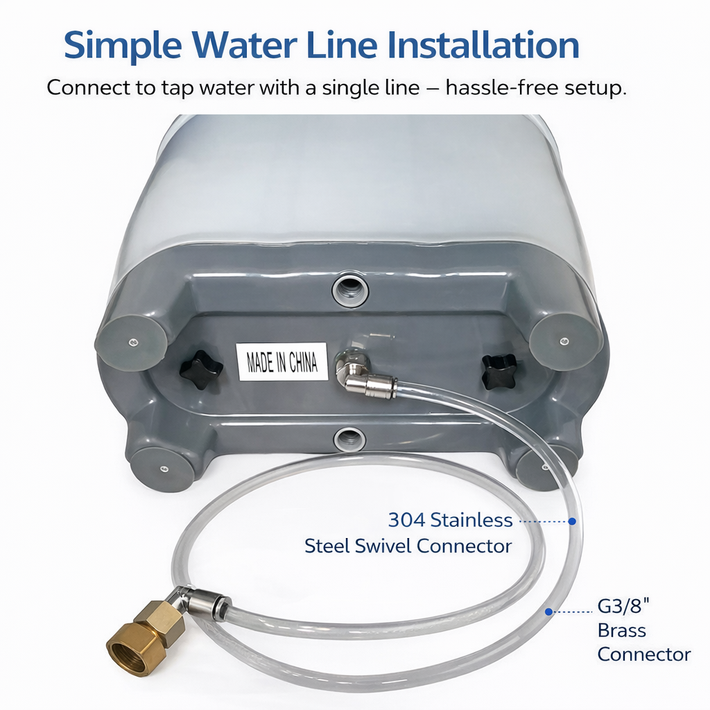 Easy installation of the zero power glass washer with a simple water line connection, no complex plumbing required.