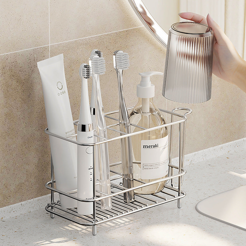 Easy-to-install stainless steel toothbrush holder rack for bathroom countertop