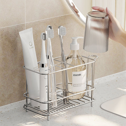 Easy-to-install stainless steel toothbrush holder rack for bathroom countertop