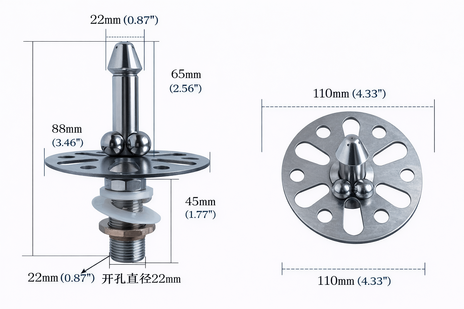 Compact egg-shaped cup rinser head, fitting into standard 22mm sink holes for easy installation in bar and coffee stations.