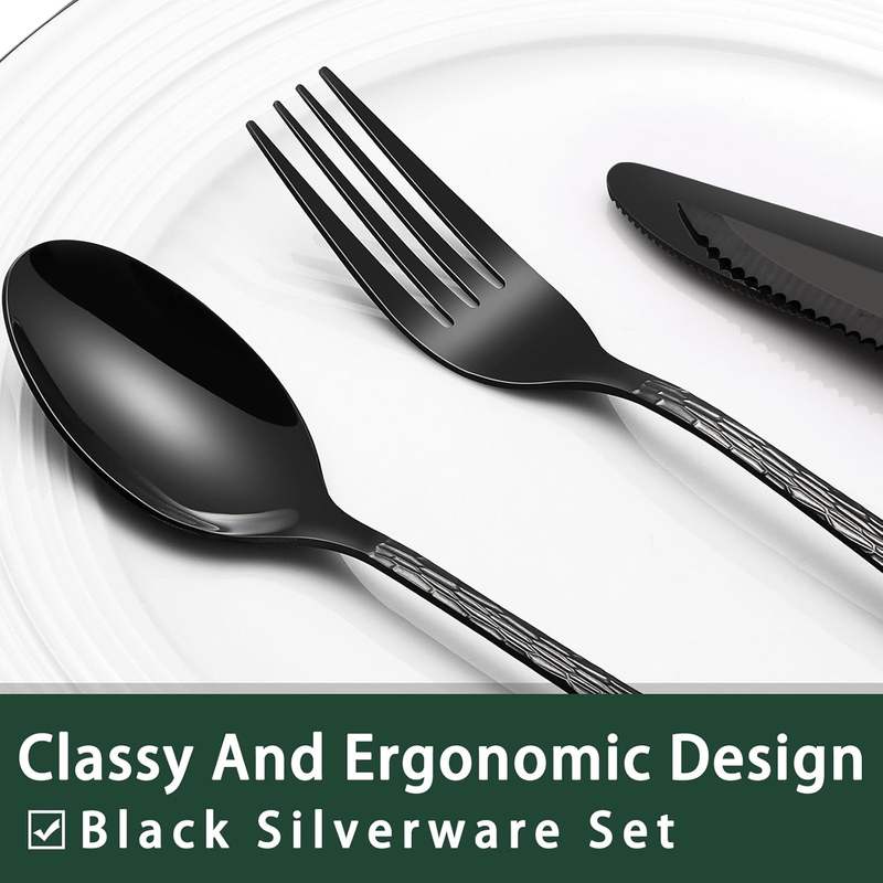 ergonomic black hammered stainless steel flatware design
