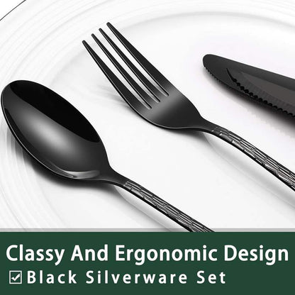 ergonomic black hammered stainless steel flatware design
