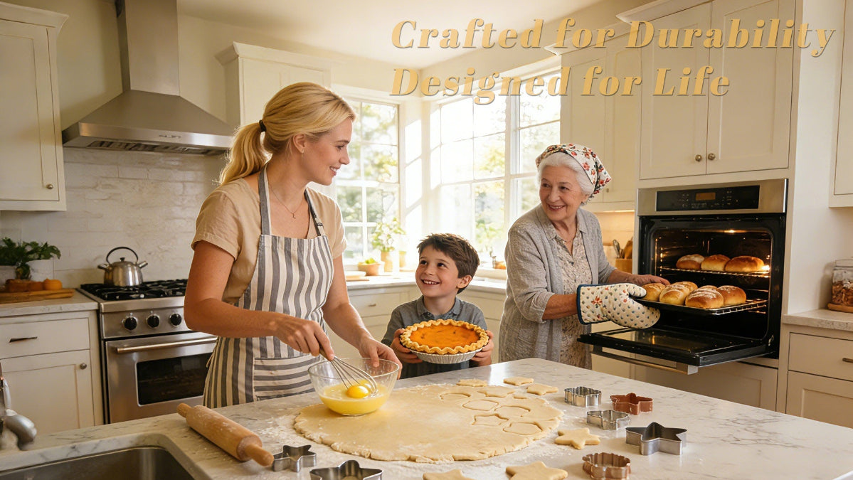 Family baking together in a bright kitchen, using stainless steel bakeware to prepare pastries and fresh bread.