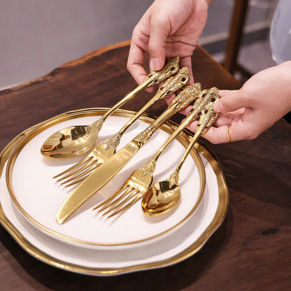 gold stainless steel baroque cutlery fork knife spoon detail
