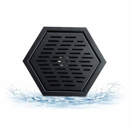 Hexagon-shaped black stainless steel drip tray with a sleek design, perfect for premium bar and café countertops.