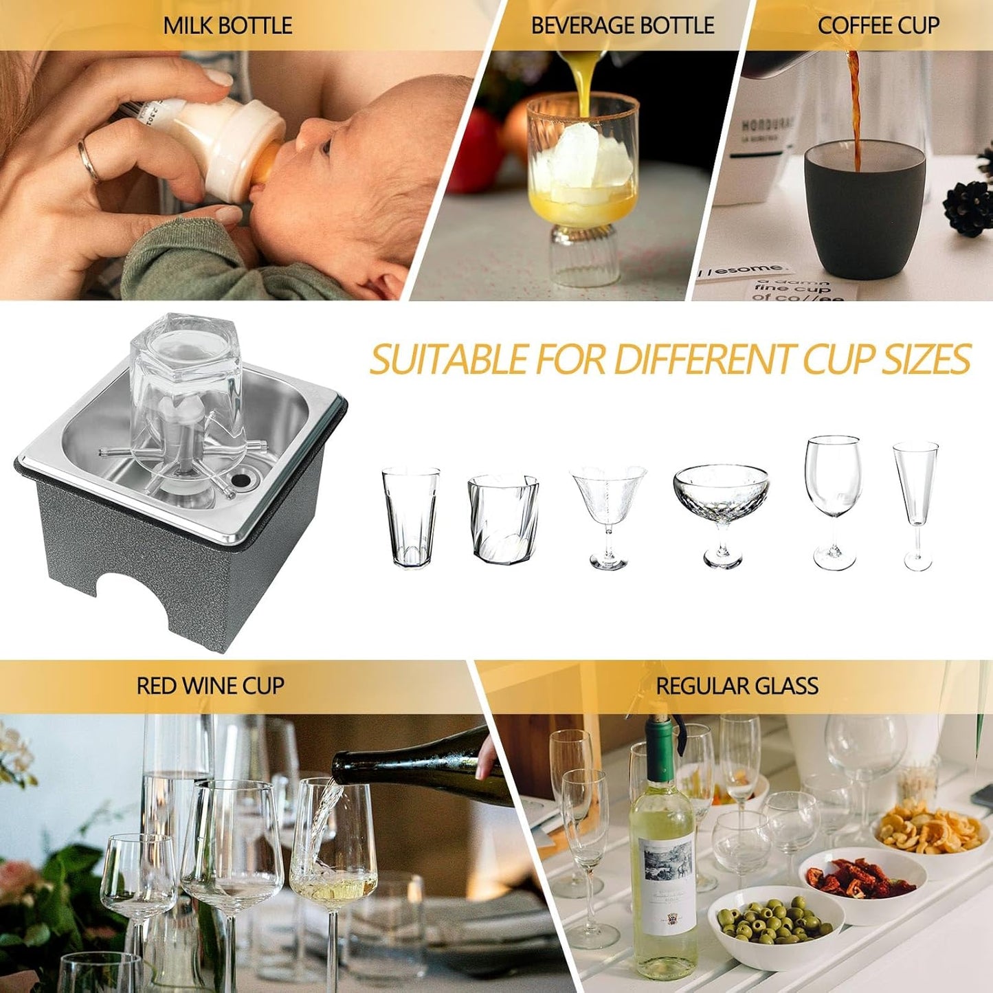 High-pressure spray system in action cleaning cups quickly and effectively.