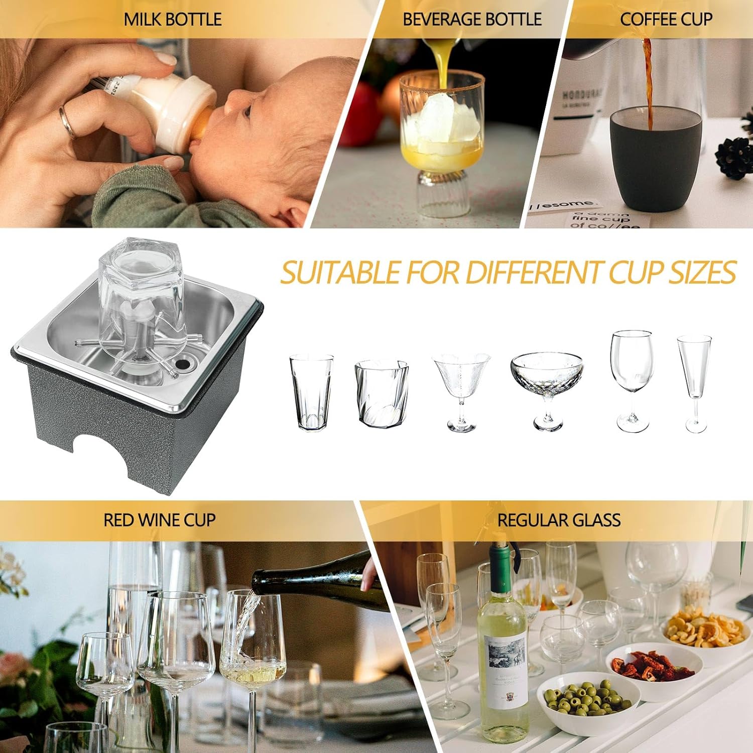 High-pressure spray system in action cleaning cups quickly and effectively.