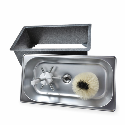 Integrated bottle rinser head on a portable stainless steel basin, designed for efficient rinsing of bottles and glasses