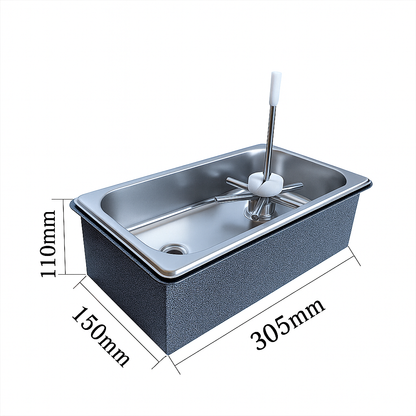 Close-up of the integrated bottle rinser head, providing high-pressure rinsing for bottles and glasses in a portable unit