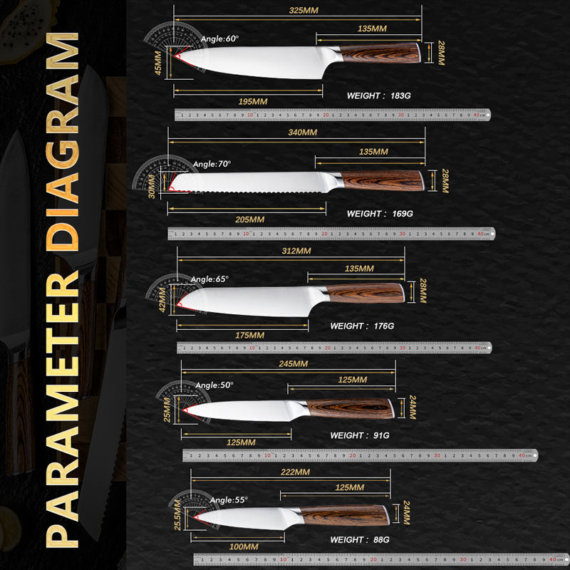 kitchen knife set size and blade dimensions diagram