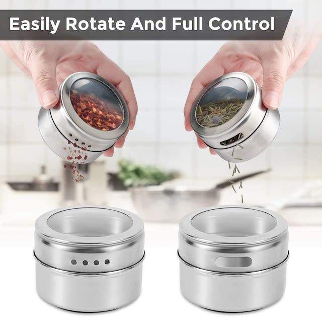 Stainless steel magnetic spice jars used for organizing herbs and spices in kitchen