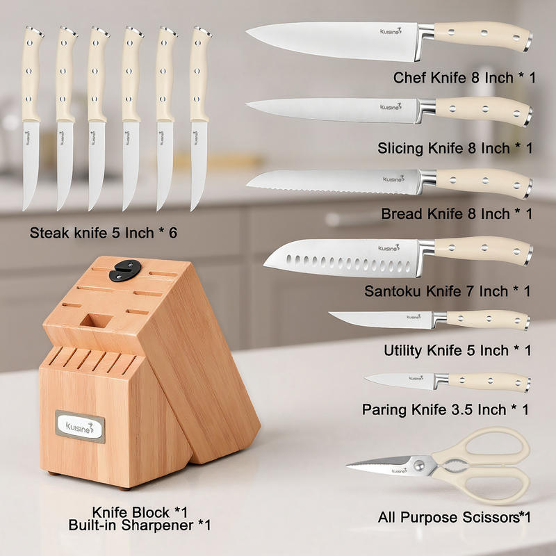 knife block set showing knife types and wooden holder