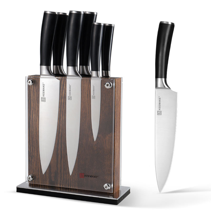 stainless steel kitchen knife set in transparent knife block