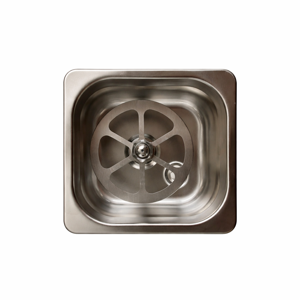 Lotus cup rinser head integrated into 304 stainless steel basin, designed for efficient cup rinsing in compact spaces.