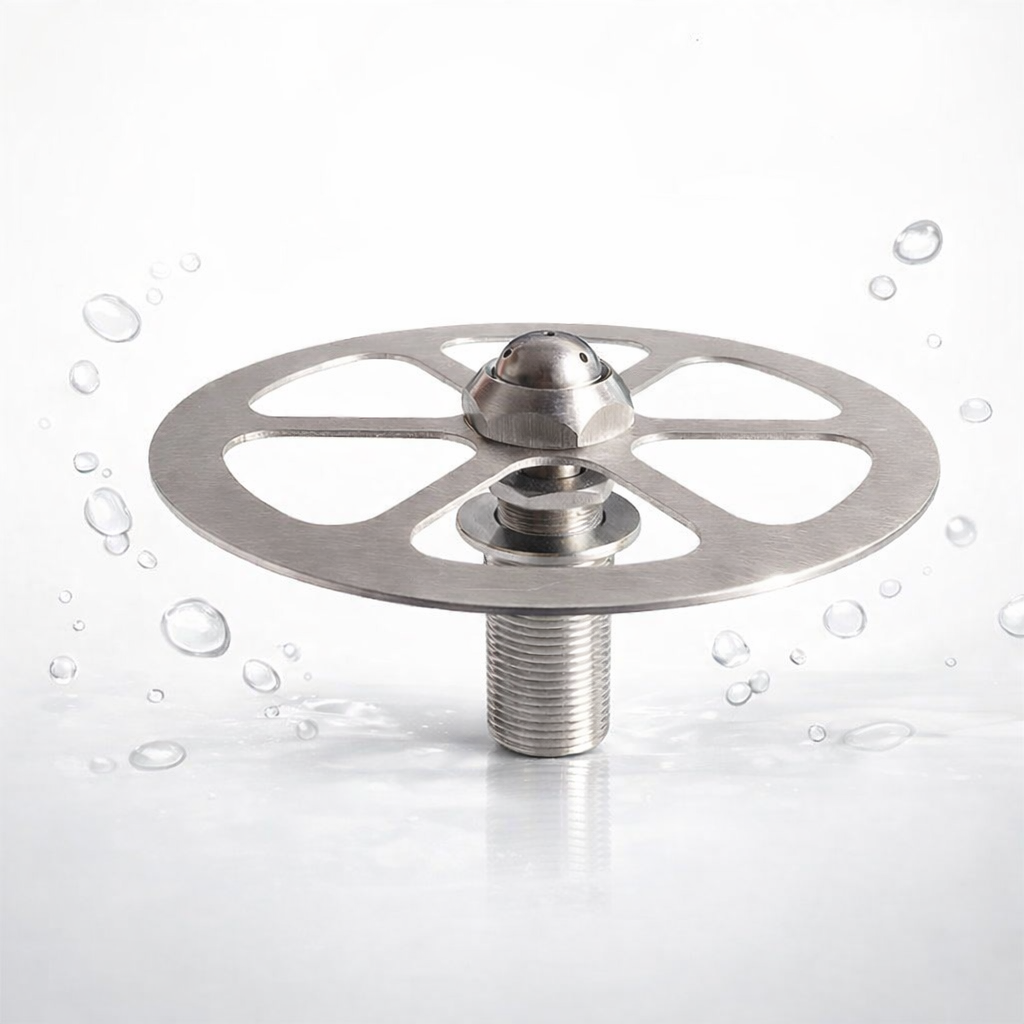 Lotus-style support plate for cup rinser, stabilizing mugs and glasses for effective rinsing in bar sink environments.