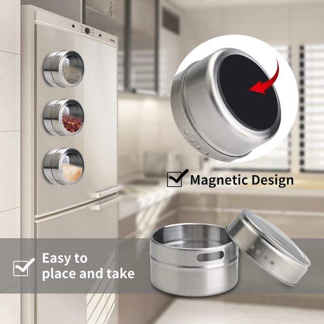 Magnetic spice jars attached to metal surface for space-saving kitchen storage
