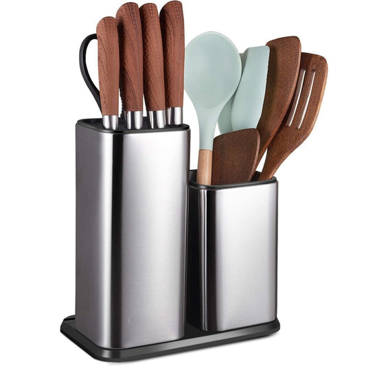 Modern stainless steel utensil holder with universal kitchen knife block design
