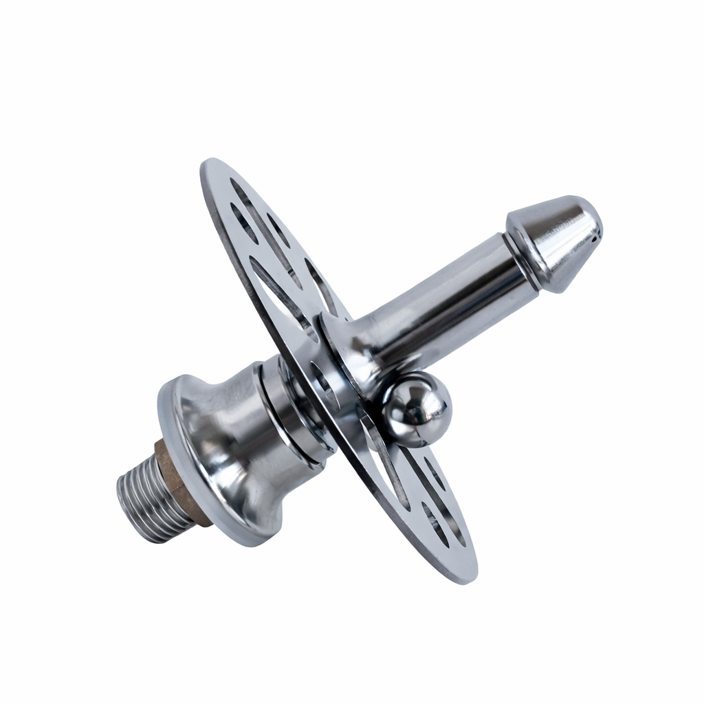 Egg-shaped cup rinser head with multi-angle rinsing spray for effective removal of liquids and residue from drinkware.