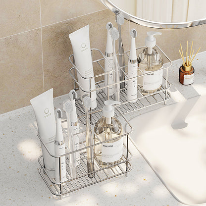 Multi-functional bathroom storage rack holding toothbrush, toothpaste, and cups
