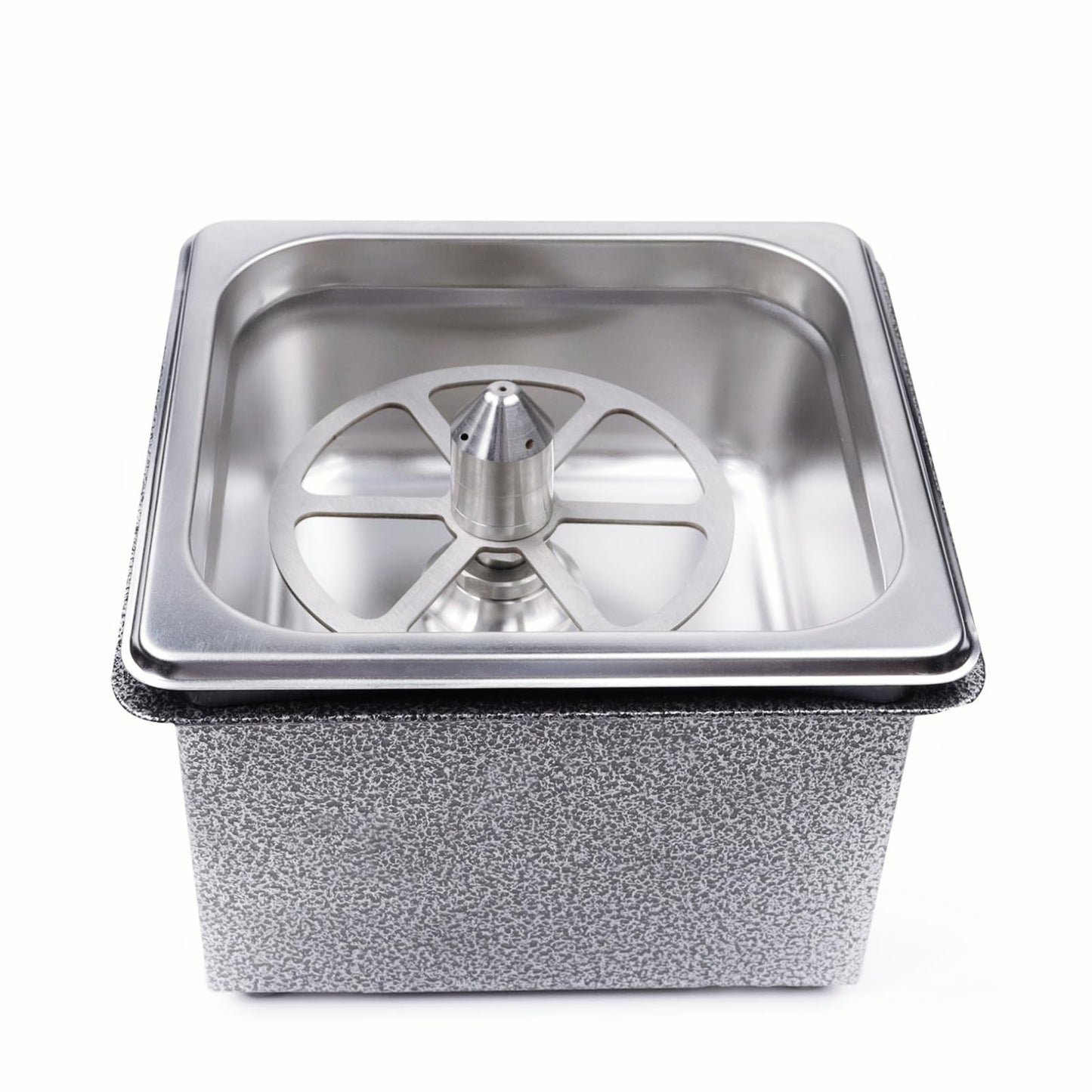 Overview of the no-drill portable rotary cup rinser with lotus-style plate support for secure placement and efficient rinsing.