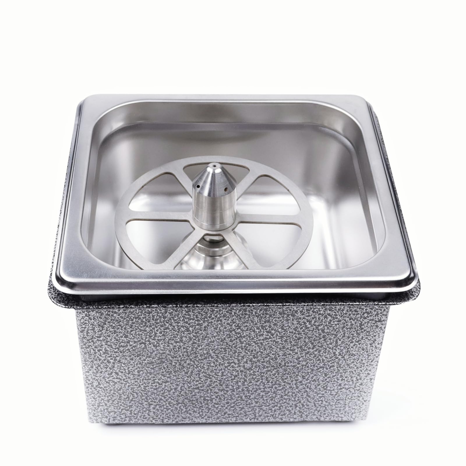 Overview of the no-drill portable rotary cup rinser with lotus-style plate support for secure placement and efficient rinsing.