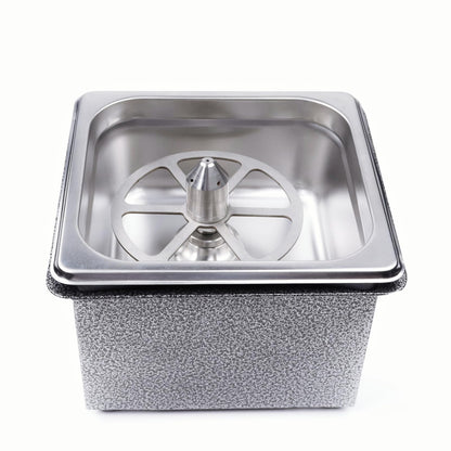 Overview of the no-drill portable rotary cup rinser with lotus-style plate support for secure placement and efficient rinsing.