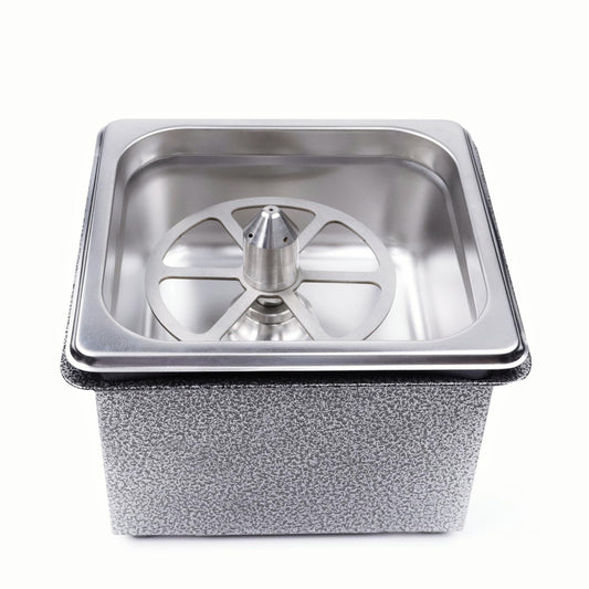 Overview of the no-drill portable rotary cup rinser with lotus-style plate support for secure placement and efficient rinsing.