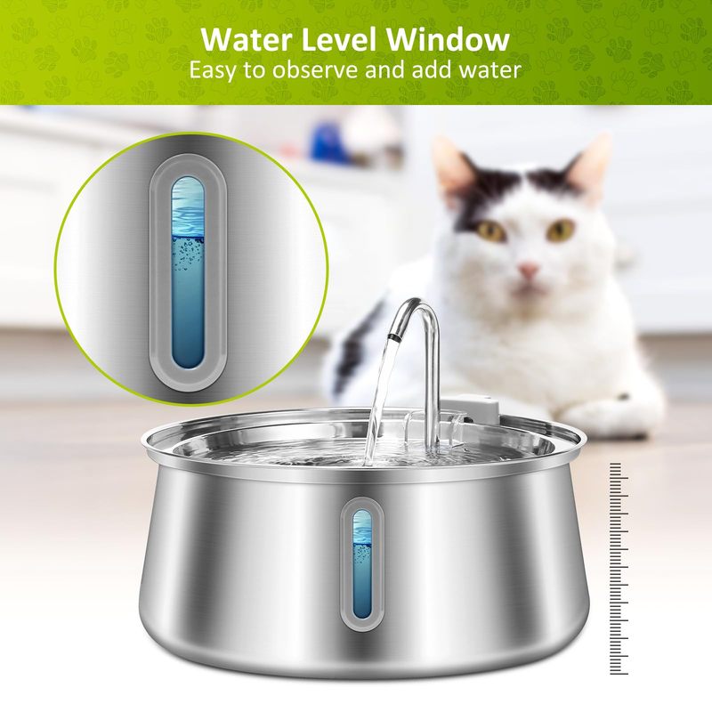 stainless steel pet water fountain with visible water level window