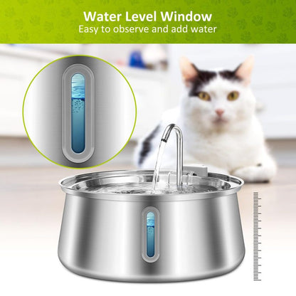 stainless steel pet water fountain with visible water level window