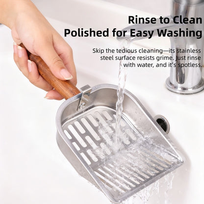 Polished stainless steel litter scoop rinses clean easily for hygienic use