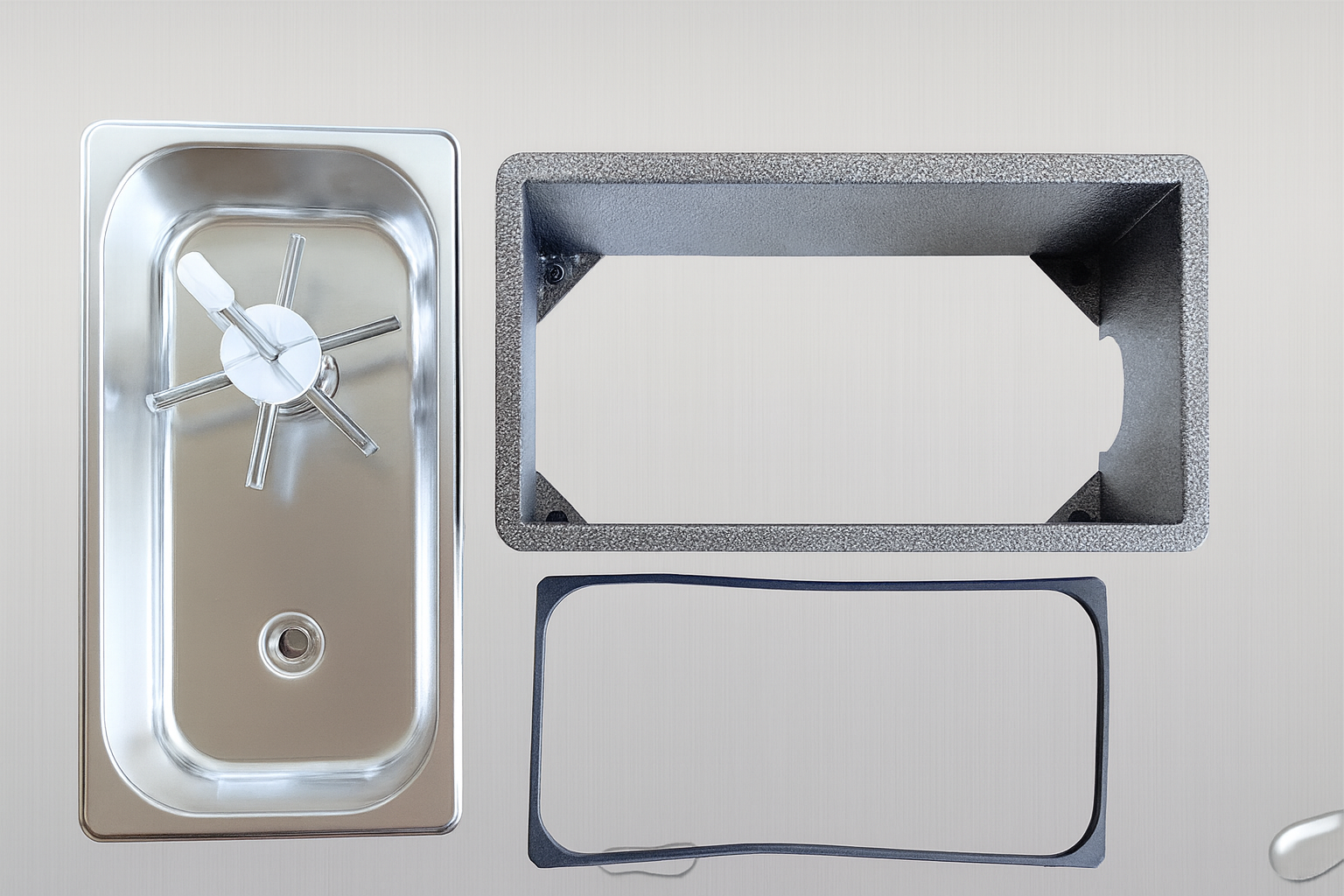 Mobile base of the portable bottle rinser station, allowing easy repositioning across various workstations and bar sinks.