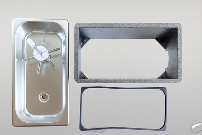 Mobile base of the portable bottle rinser station, allowing easy repositioning across various workstations and bar sinks.