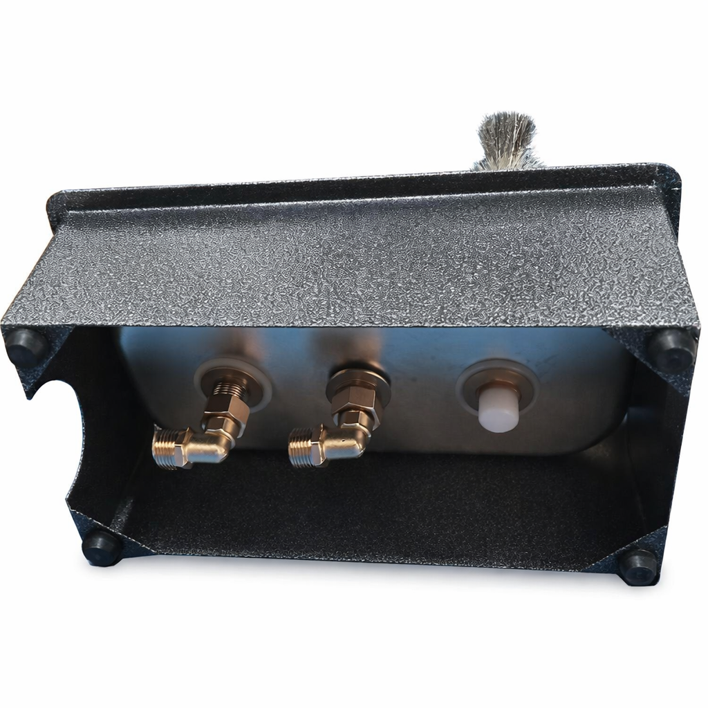 Packaging of the portable bottle rinser with brush and stainless steel basin, perfect for transport and temporary setups.