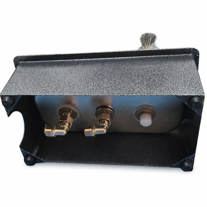 Packaging of the portable bottle rinser with brush and stainless steel basin, perfect for transport and temporary setups.