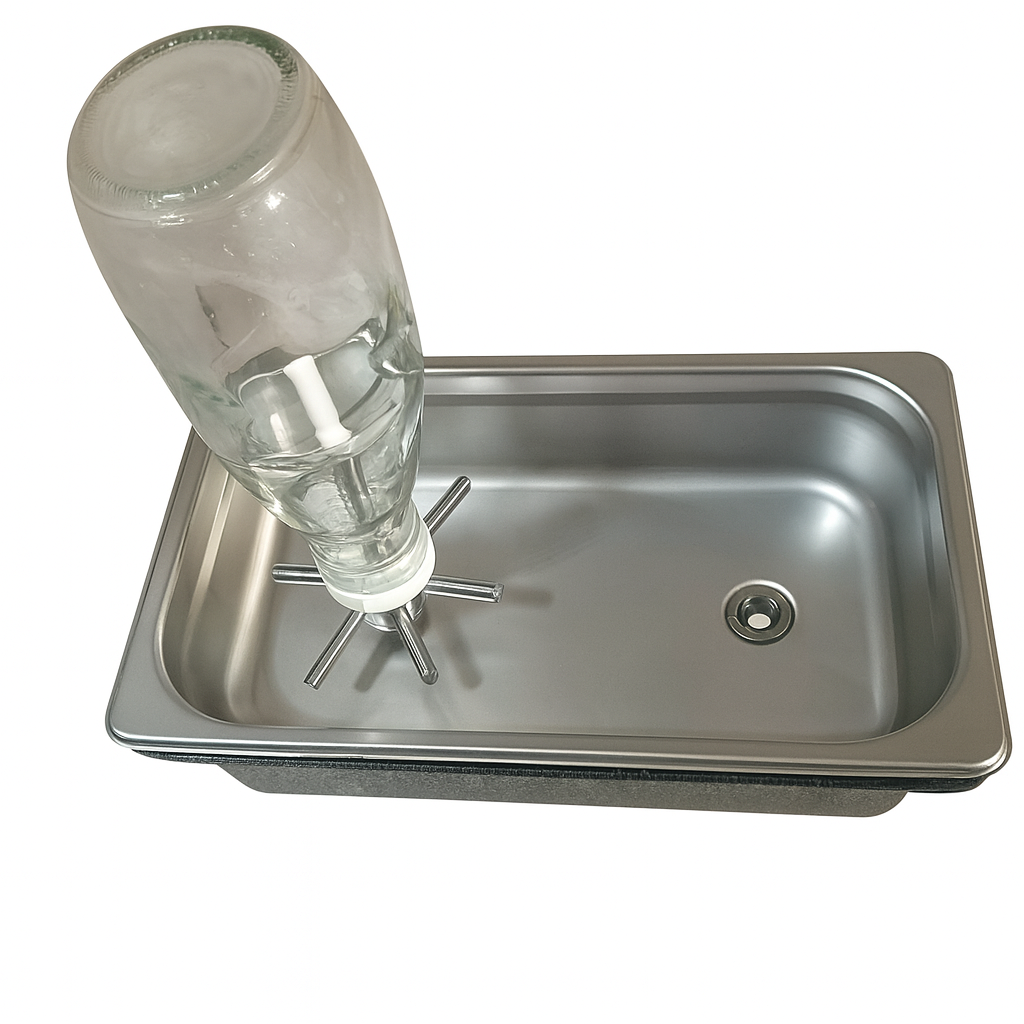 Portable bottle rinser with stainless steel basin, integrated rinser head, and mobile base for versatile use in drink stations.
