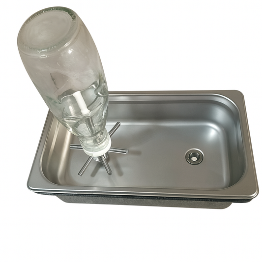 Portable bottle rinser with stainless steel basin, integrated rinser head, and mobile base for versatile use in drink stations.