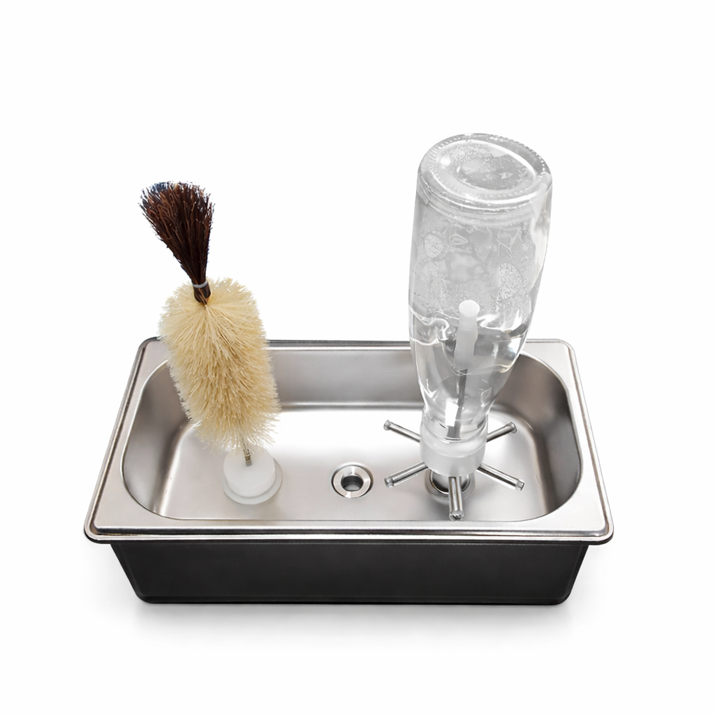 Portable bottle rinser with brush and bottle for high-pressure rinsing, perfect for no-drill installation in kitchens and bars.