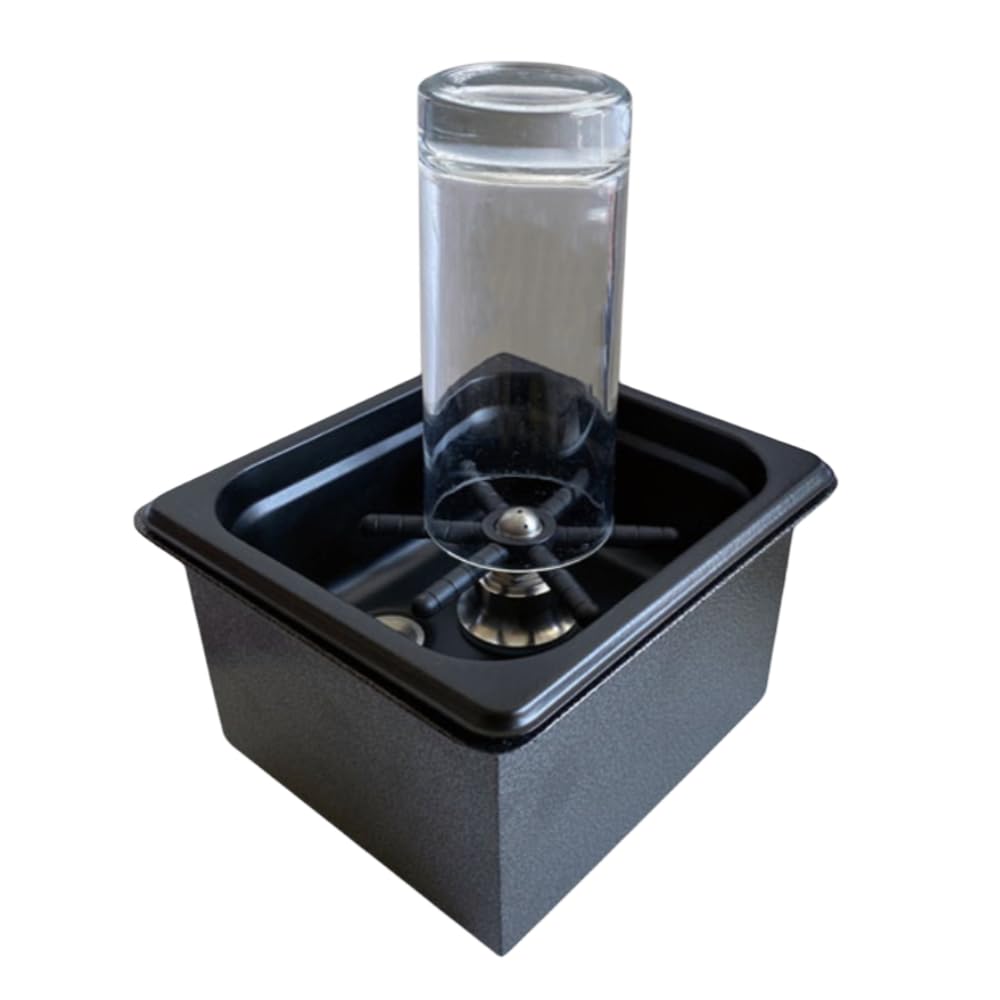 Portable matte black cup rinser sink with integrated rinser head, featuring a glass for demonstration of high-pressure cup cleaning.