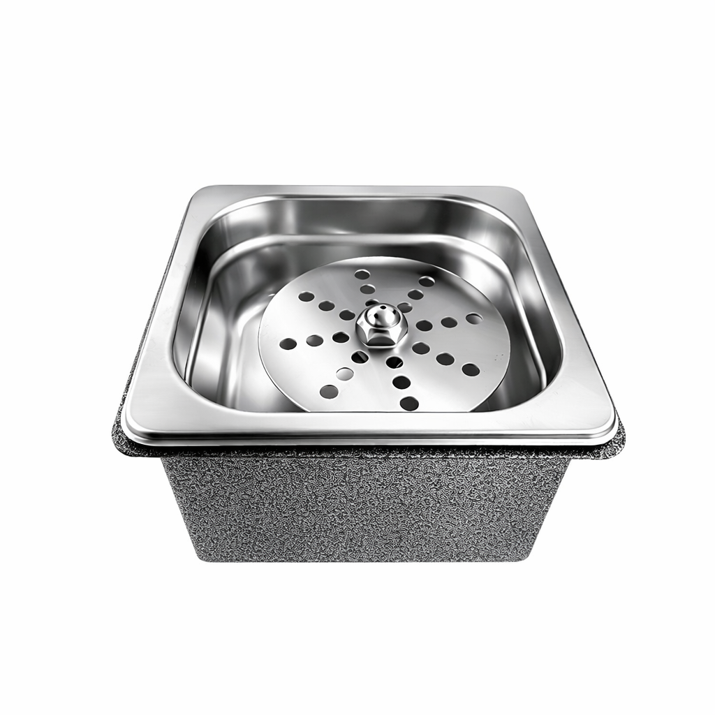 Portable round-disc cup rinser sink with 304 stainless steel basin, designed for flexible drink stations with no-drill installation.