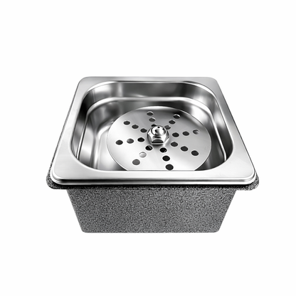 Portable round-disc cup rinser sink with 304 stainless steel basin, designed for flexible drink stations with no-drill installation.