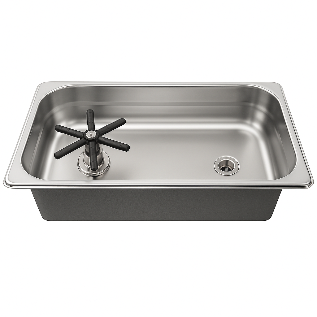 Portable wide rinse sink with integrated cup rinser, perfect for high-volume beverage stations with no-drill installation.