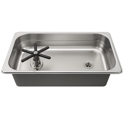 Portable wide rinse sink with integrated cup rinser, perfect for high-volume beverage stations with no-drill installation.