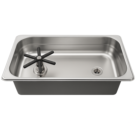 Portable wide rinse sink with integrated cup rinser, perfect for high-volume beverage stations with no-drill installation.