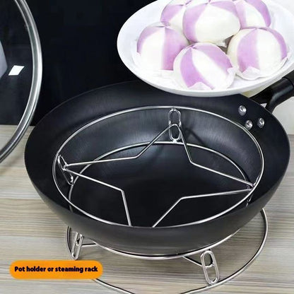 stainless steel pot rack supporting cookware on stove
