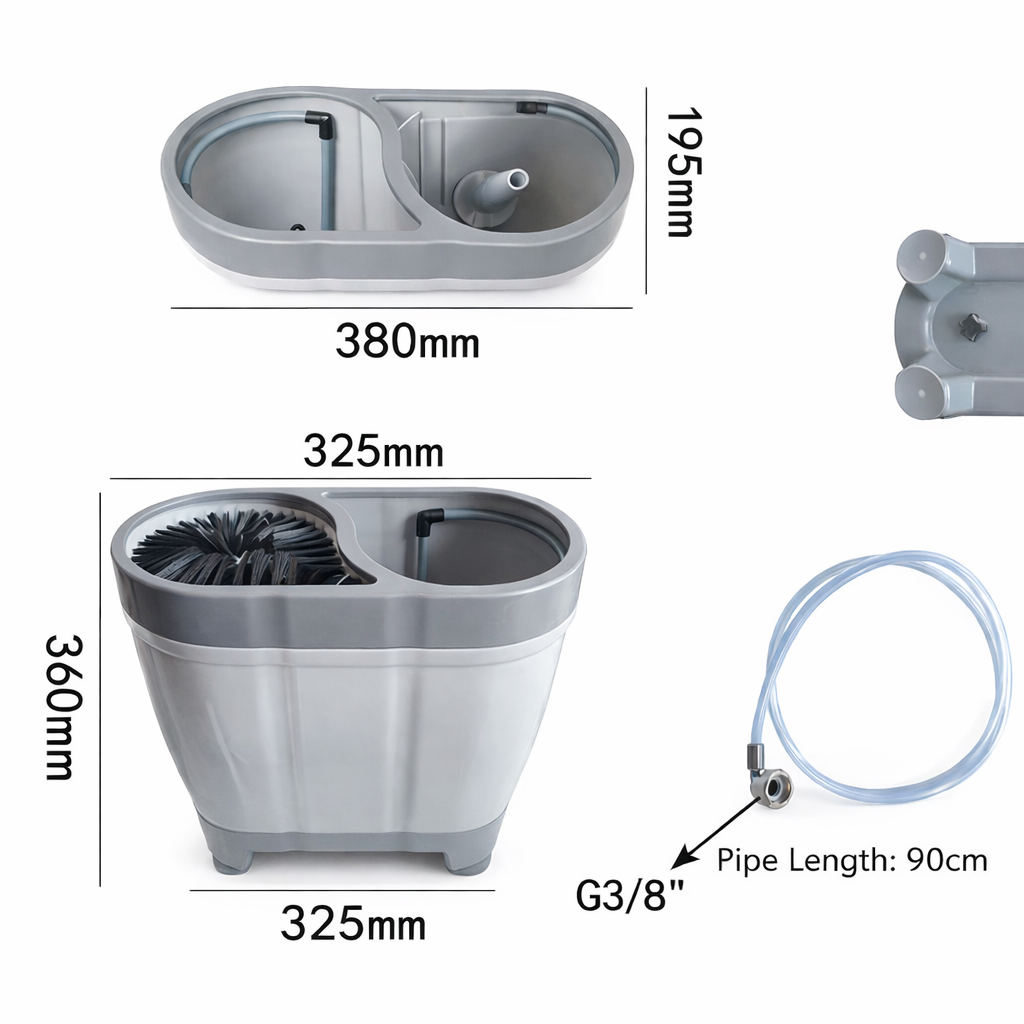 Press to activate automatic flushing mechanism on the zero power glass washer, enabling easy one-handed operation.